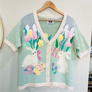 Storybook Knits Mint and Pale Pink Trim Handknit Cardigan Easter Bunny Sz L.
